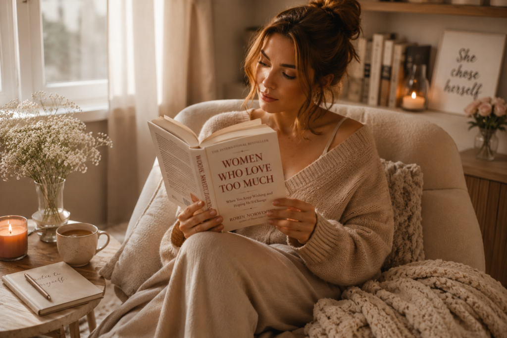A woman reading the book Women who love too much