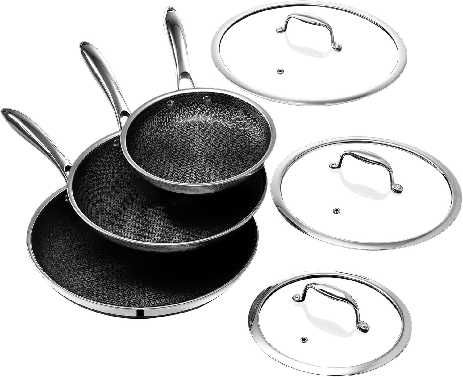 HexClad 8, 10 and 12-inch frying pans with matching glass lids