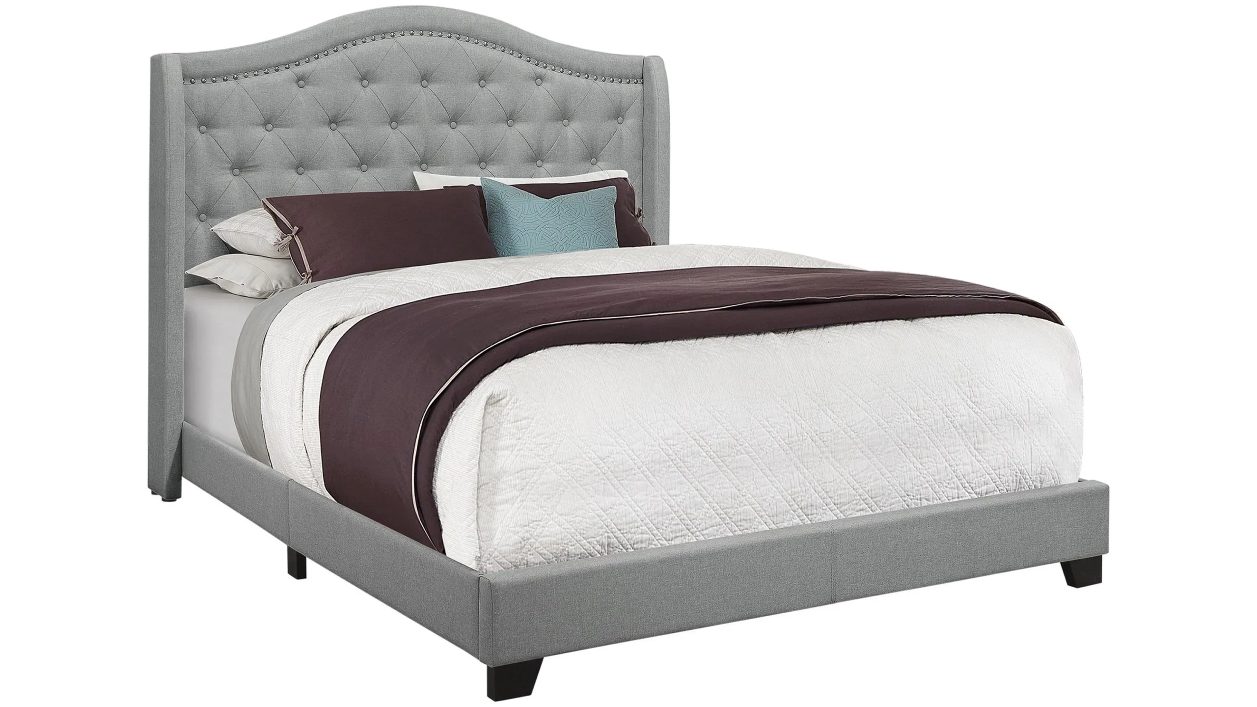 Gray tufted Chauncy upholstered queen bed from Raymour & Flanigan